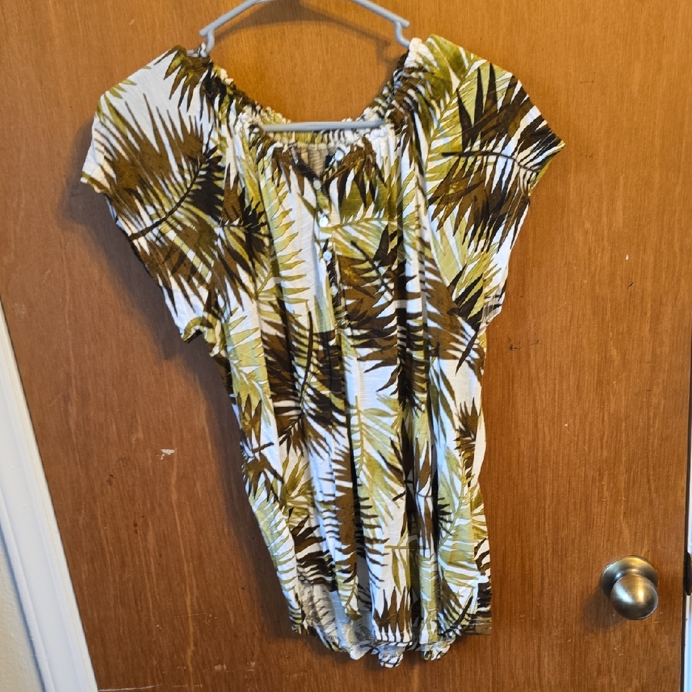 Chaps Palm-Print Peasant Tunic in Olive & Brown